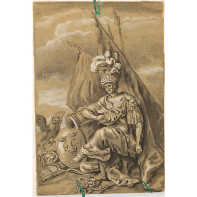 SLM 5640 - Teckning, motiv med guden Mars som trampar på Medusahuvud
