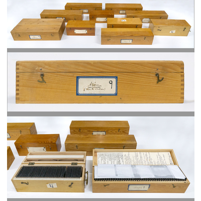 SLM 59361 - 12 lådor av trä innehållande diapositiv i glas, skioptikonbilder från Strängnäs