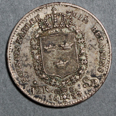 SLM 16510 - Mynt, 1/12 riksdaler specie silvermynt 1833, Karl XIV Johan