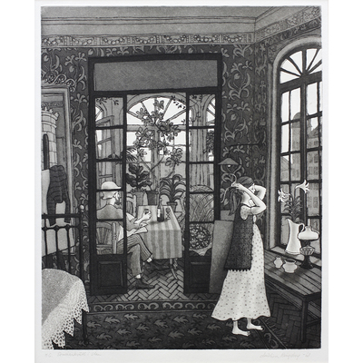 SLM 27694 - Akvatint, man och kvinna i ett hus. Christina Ringsberg 1968