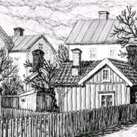 SLM KW24 - Hörnet av Rundgatan och Östra Kyrkogatan i Nyköping
, teckning av Knut Wiholm