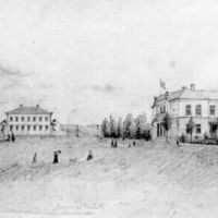 SLM M020817 - Foto efter teckning, Nyköpings teater och Carl Lundgrens hus, sent 1800-tal