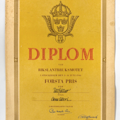 SLM 40343 - Diplom, första pris för ullfällar 1946, Ökna i Floda socken