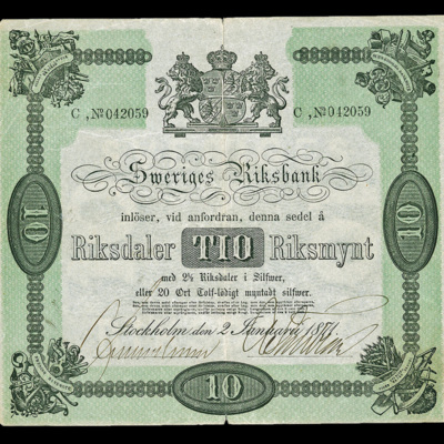 SLM 16997 2 - Sedel, 10 Riksdaler Riksmynt 1871