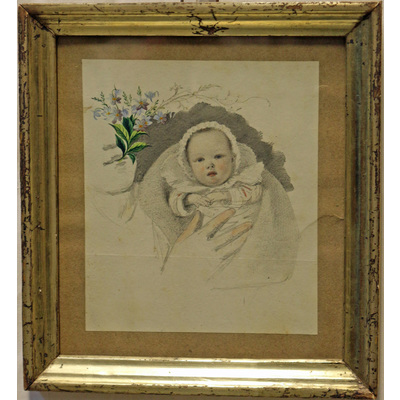 SLM 6580 - Akvarellerad blyertsteckning, mor och barn, okänd konstnär