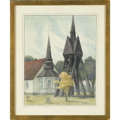 SLM 5717 - Inramad akvarellerad teckning av Ferdinand Boberg, gravkor och klockstapel i Sköldinge