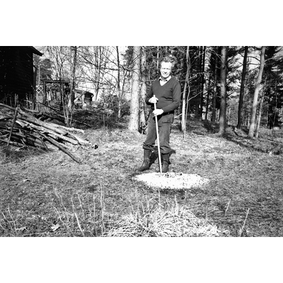 SLM P2017-0585 - Bertil Nyman krattar ut aska vid vårstädningen vid stugan på Fredön år 1988