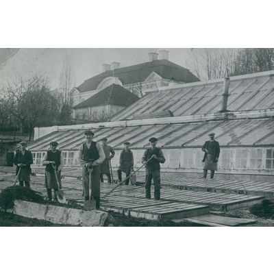 SLM R14-93-1 - Trädgårdsarbetare vid växthusen, Hedenlunda, 1915