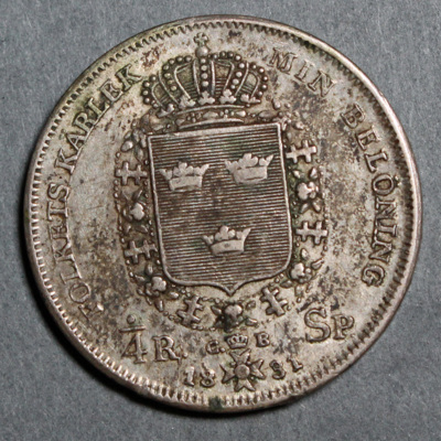 SLM 16501 - Mynt, 1/4 riksdaler specie silvermynt 1831, Karl XIV Johan
