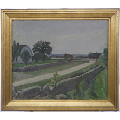 SLM 27993 - Oljemålning, landskap med hus, av Gunnar Svenson 1949