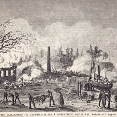 SLM 15930 - Explosionen vid dynamitfabriken i Vinterviken 1874, tidningsklipp