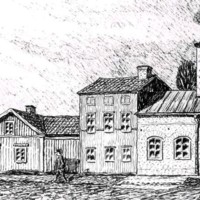 SLM KW50 - Östra Kyrkogatan – Östra Storgatan i Nyköping, teckning av Knut Wiholm