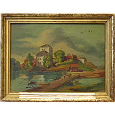 SLM 561 - Oljemålning, Nyköpingshus med gamla fiskbron och tvätthuset, 1800-tal