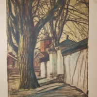 SLM 12325 8 - Färglagd litografi, motiv vid Alla Helgona kyrka, av Per Månsson, 1920-tal