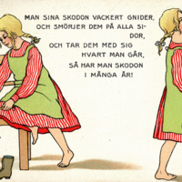SLM P07-1902 - Färglagt ritat vykort, flicka och text om skovård, tidigt 1900-tal
