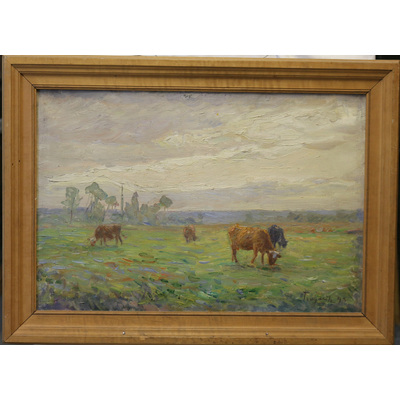 SLM 4259 - Oljemålning, landskap med kor, konstnär Carl Trägårdh år 1893