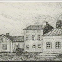 SLM M021914 - Östra Kyrkogatan i Nyköping, teckning av Knut Wiholm