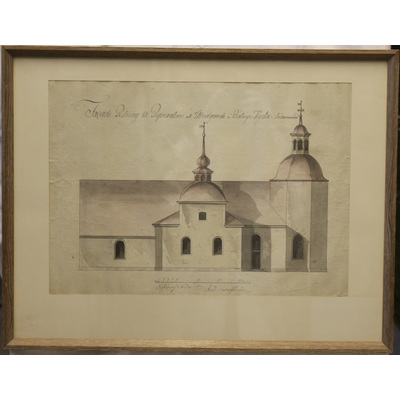 SLM 28961 - Färglagd lavering, Bälinge kyrka sedd mot öster, år 1797 av länsbyggmästare Anders Sundström