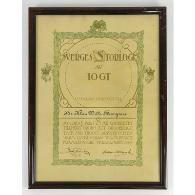 SLM 50151 12 - Inramat diplom, delvis handritat från 