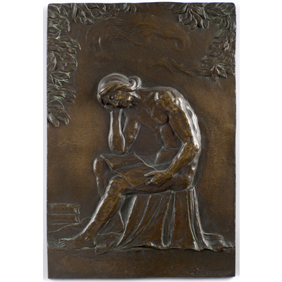 SLM 30203 - Gjuten och ciselerad plakett av brons, läsande man, tillverkad av ciselör Thage Ohlsson (1893-1971)