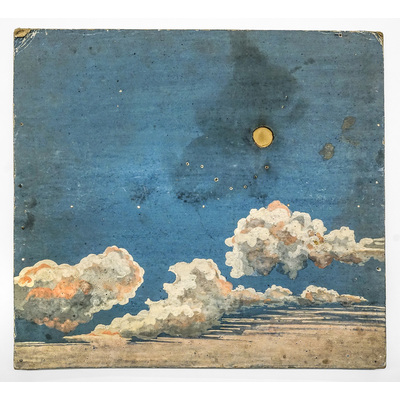 SLM 13797 - Fond till modellteater, kvällshimmel med moln och måne, 1800-tal