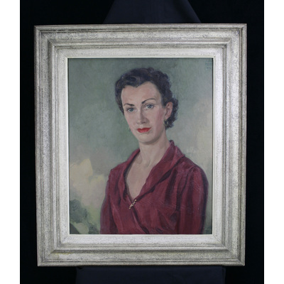 SLM 51722 - Oljemålning, kvinna i röd klänning, noterad konstnär 