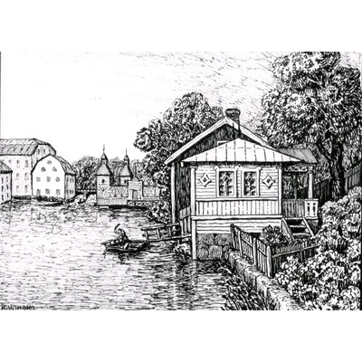 SLM KW4 - Nyköpingsån med kallbadhuset, teckning av Knut Wiholm