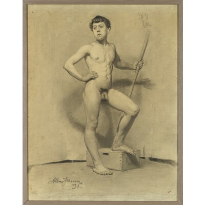SLM 56321 - Inramad kolteckning av Albin Jerneman (1868-1953), naken man med stav