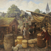 SLM 30164 - Oljemålning av Göte Göransson, Nyköpings hamn år 1457
