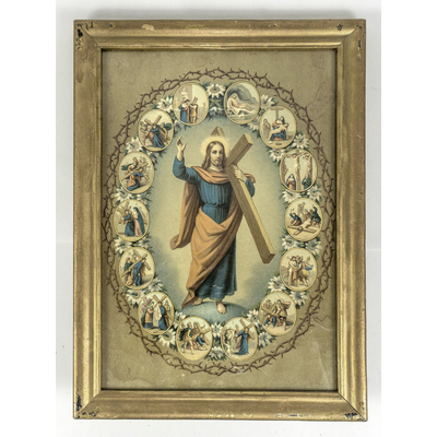 SLM 38714 1 - Religiöst oljetryck, inramat motiv, Kristus med korset omgivet av scener