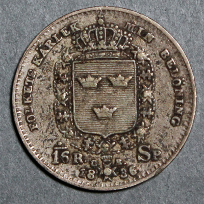 SLM 16511 - Mynt, 1/16 riksdaler specie silvermynt 1836, Karl XIV Johan
