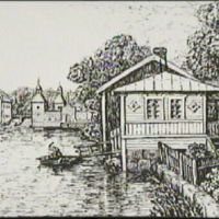 SLM M022210 - Nyköpingsån med kallbadhus och Hulténs lusthus, teckning av Knut Wiholm