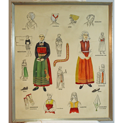 SLM 23304 - Akvarell av Greta Ruda, historiska kvinnokläder