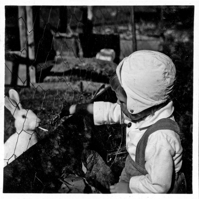 SLM P2018-1015 - Treåriga Gudrun Eriksson matar kaniner vid Oppeby gård i Nyköping år 1954