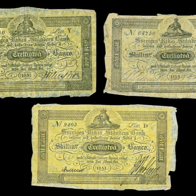 SLM 16986 1-3 - Tre sedlar, 32 Skilling Banco, 1852, 1853 och 1857