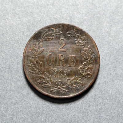 SLM 16673 - Mynt, 2 öre bronsmynt 1858, Oscar I