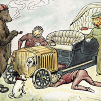 SLM P07-1921 - Färglagt och tecknat vykort, motiv med djur och bil, tidigt 1900-tal