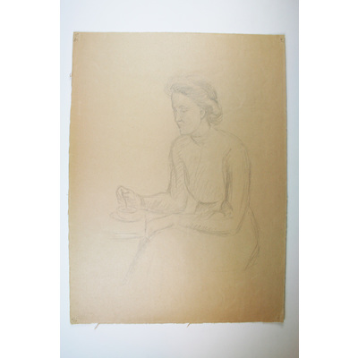 SLM 50083 - Blyertsteckning av Bodil Güntzel (1903-1998), motiv kvinna med kaffekopp