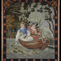 SLM 10699 - Eldskärm, korsstygnsbroderi på stramalj, man och kvinna i båt, 1800-talets mitt
