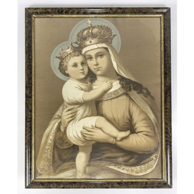 SLM 38712 - Religiöst oljetryck, inramat motiv, himladrottningen Maria med Jesusbarnet