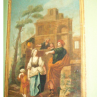 SLM 10852 1 - Väggmålning i tempera, Abraham driver ut Ismael och Hagar, från 1700-talets förra hälft