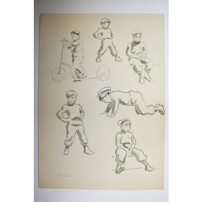 SLM 50068 - Teckning och lavering av Bodil Güntzel (1903-1998), motiv med pojkar