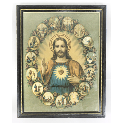 SLM 38724 - Religiöst oljetryck, inramat motiv, Kristus omgiven av scener ur hans liv