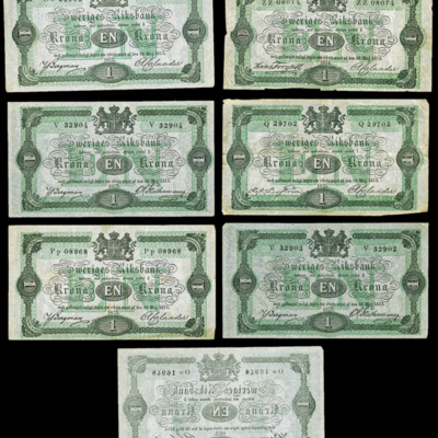 SLM 16985 1-7 - Sju sedlar, 1 Krona 1874 och 1875, så kallade kotior