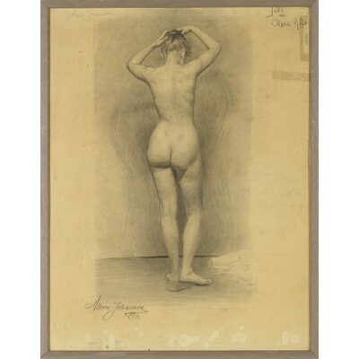 SLM 56233 - Inramad kolteckning av Albin Jerneman (1868-1953), naken kvinna bakifrån