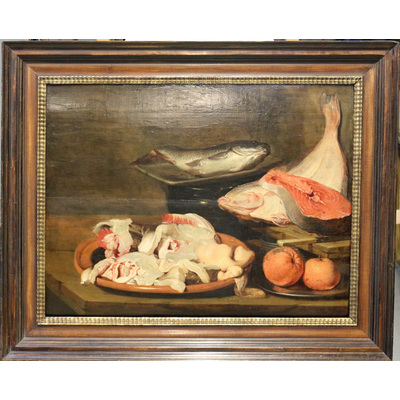 SLM 14014 - Oljemålning, stilleben med fisk och frukt, från 1600-talets första hälft, Pieter van der Plaes