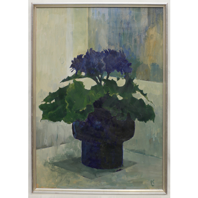 SLM 25144 - Oljemålning, blomkruka med blommande blå cineraria, av Georg Källkvist (1913-1994)