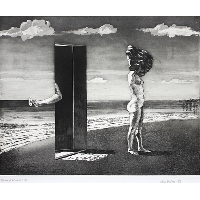 SLM 27690 - Akvatint, surrealistiskt landskap med kvinna, av Sune Rudnert 1973