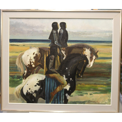 SLM 26771 - Oljemålning, riddare till häst, av Sven Erik Hellqvist (1916-1997)