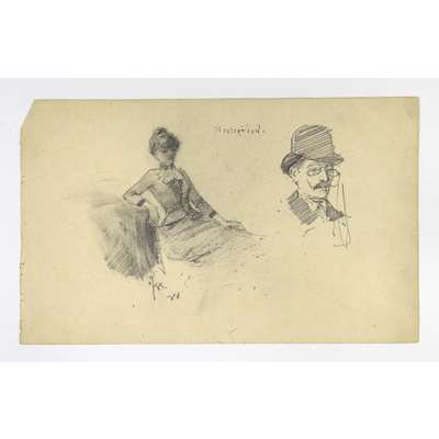 SLM 59281 3 - Blyertsteckning, sittande kvinna och mansporträtt av konstnären Knut Borgh 1888